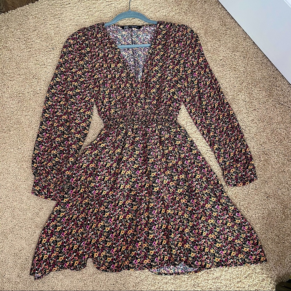 ZARA DITZY FLORAL SMOCK WAIST FIT & FLARE DRESS SMALL